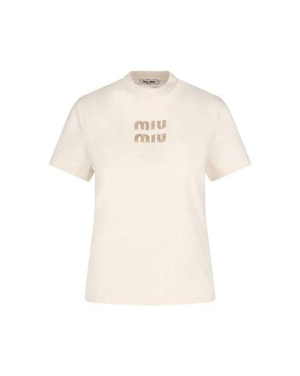 【MIUMIU】ラインストーン  ロゴ コットン Tシャツ MIU MIU (ミュウミュウ) ラインストーン フロントロゴ クルーネック
