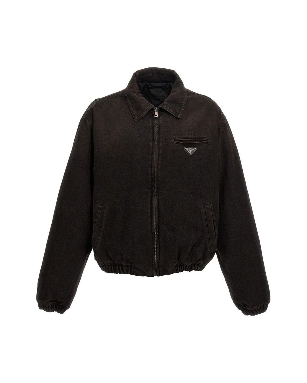 Prada Logo Denim Bomber Jacket in Black for Men | Lyst