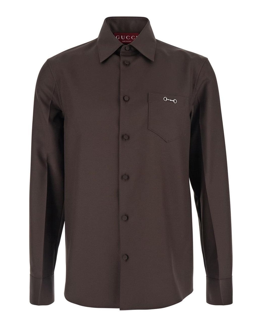 Gucci Brown Shirt With Classic Collar And Horsebit On The Front for men