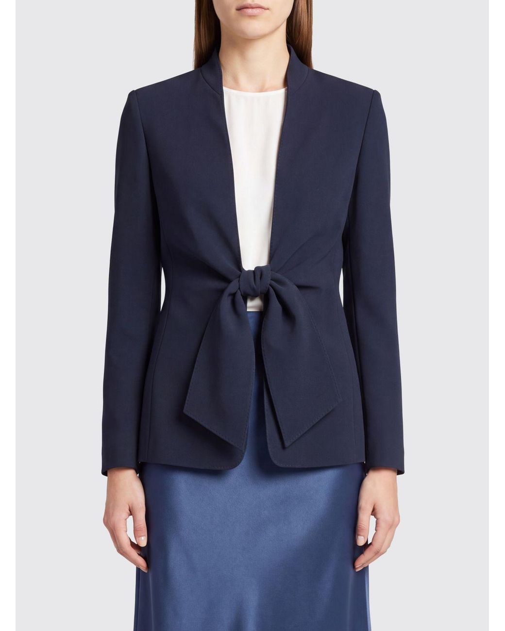 Max Mara Blue Slim Fit Short Cady Blazer With Tie Fastening