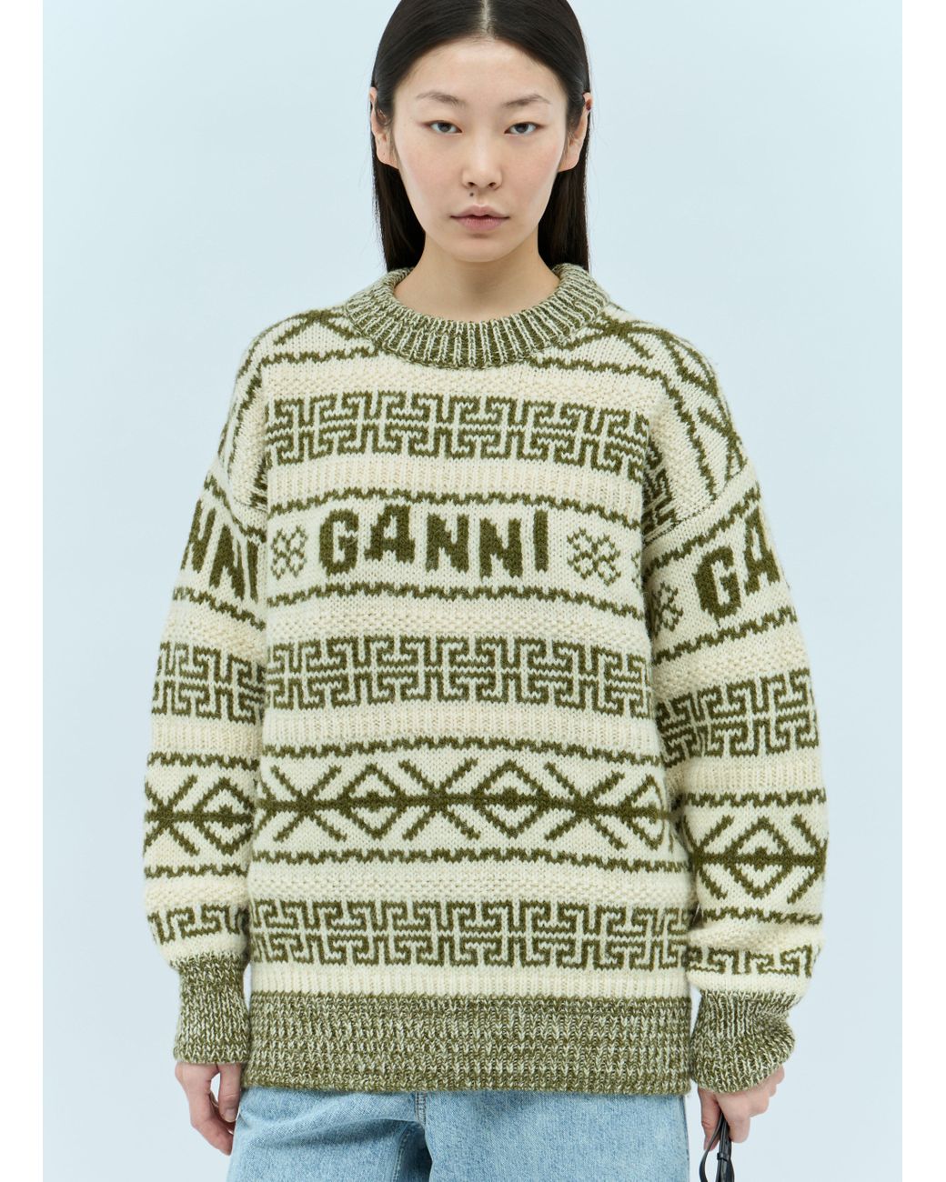 Ganni Logo Jacquard Wool Sweater in Green Lyst