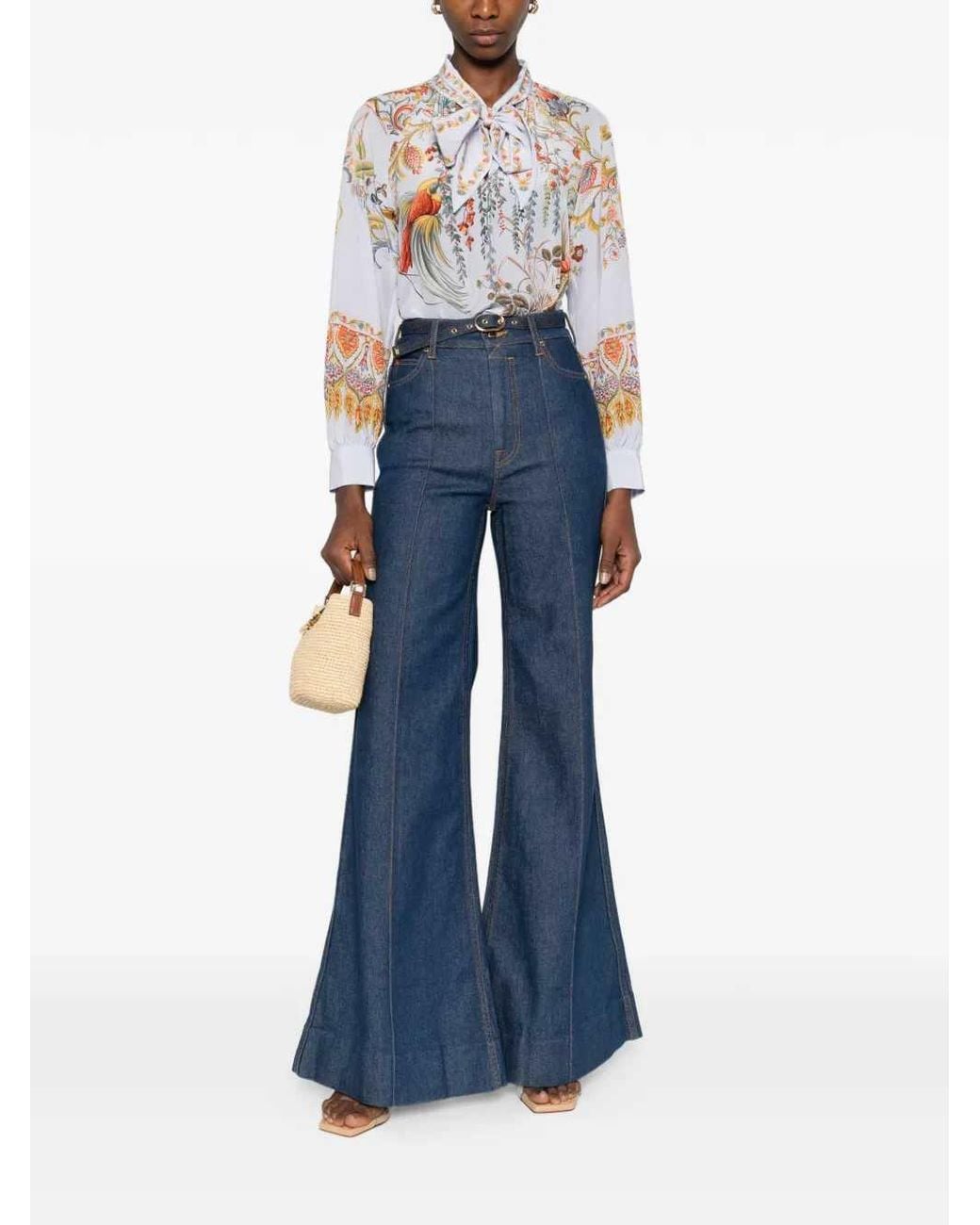 Etro White Bird Print Blouse With Tie Collar