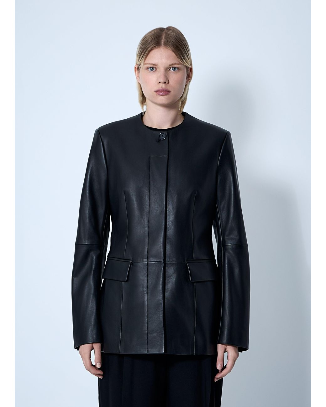 Totême Blue Collarless Leather Jacket