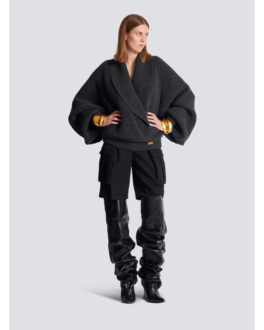 Balmain Black Sweater With Weap Effect And Wide Revers