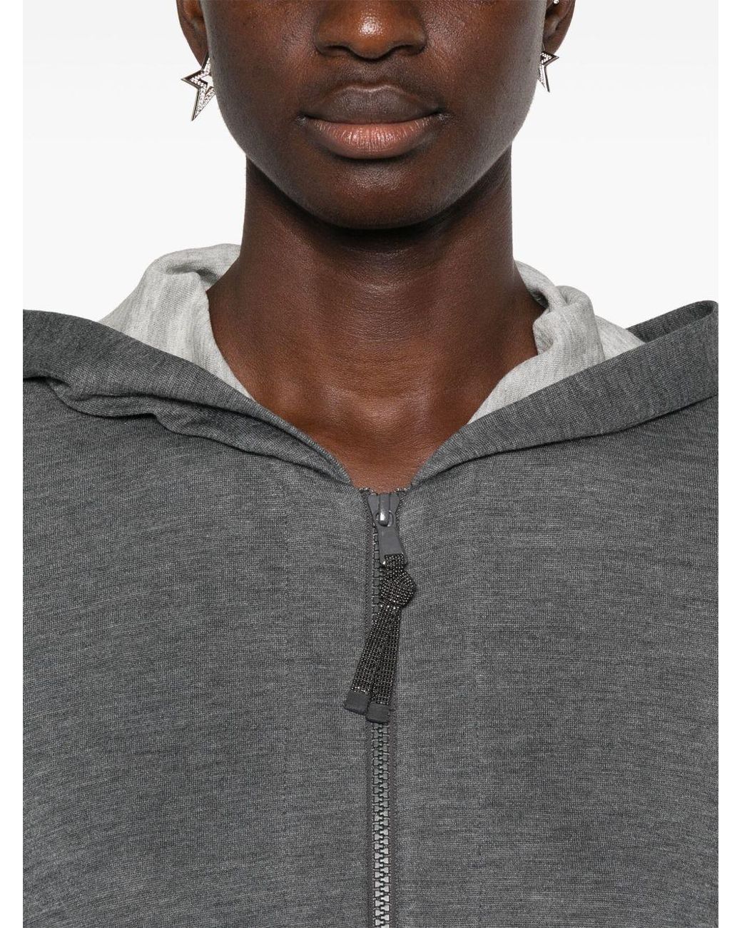 Brunello Cucinelli Gray Cotton And Silk Blend Hooded Zipped Cardigan