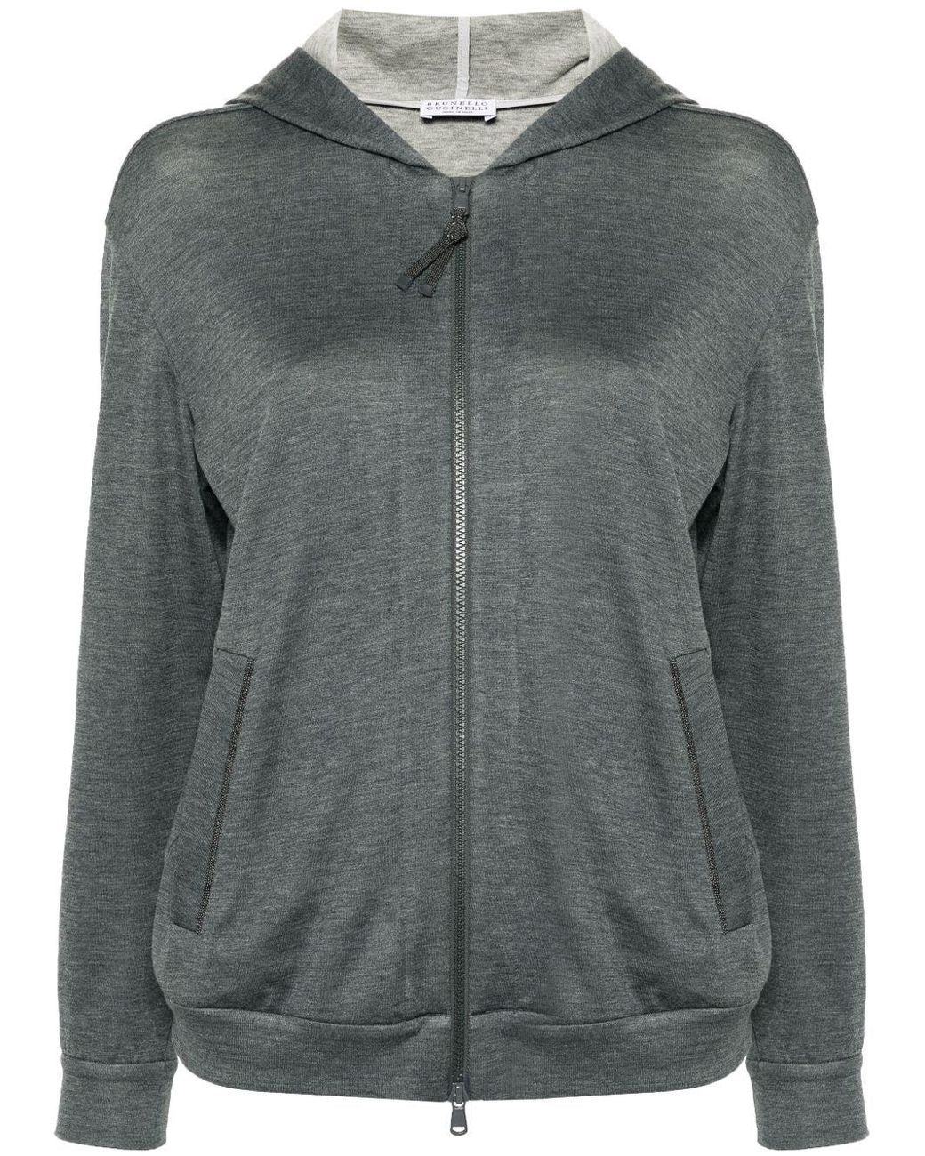 Brunello Cucinelli Gray Cotton And Silk Blend Hooded Zipped Cardigan
