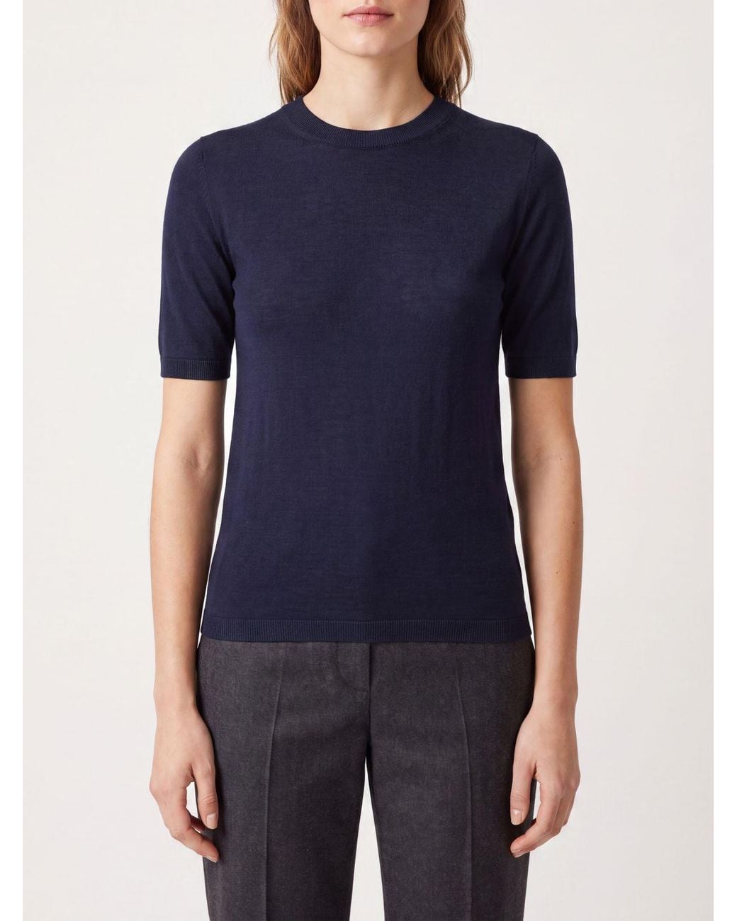 Max Mara Blue Short-Sleeved Silk And Cashmere Knit Top With Slim Fit