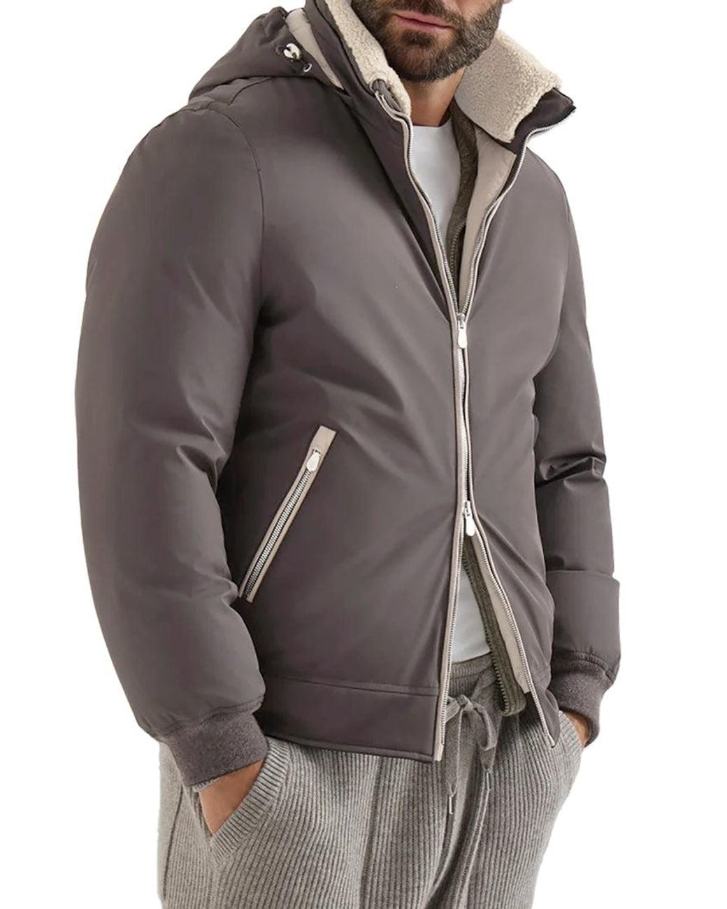 Brunello Cucinelli Gray Padded Jacket With Shearling for men