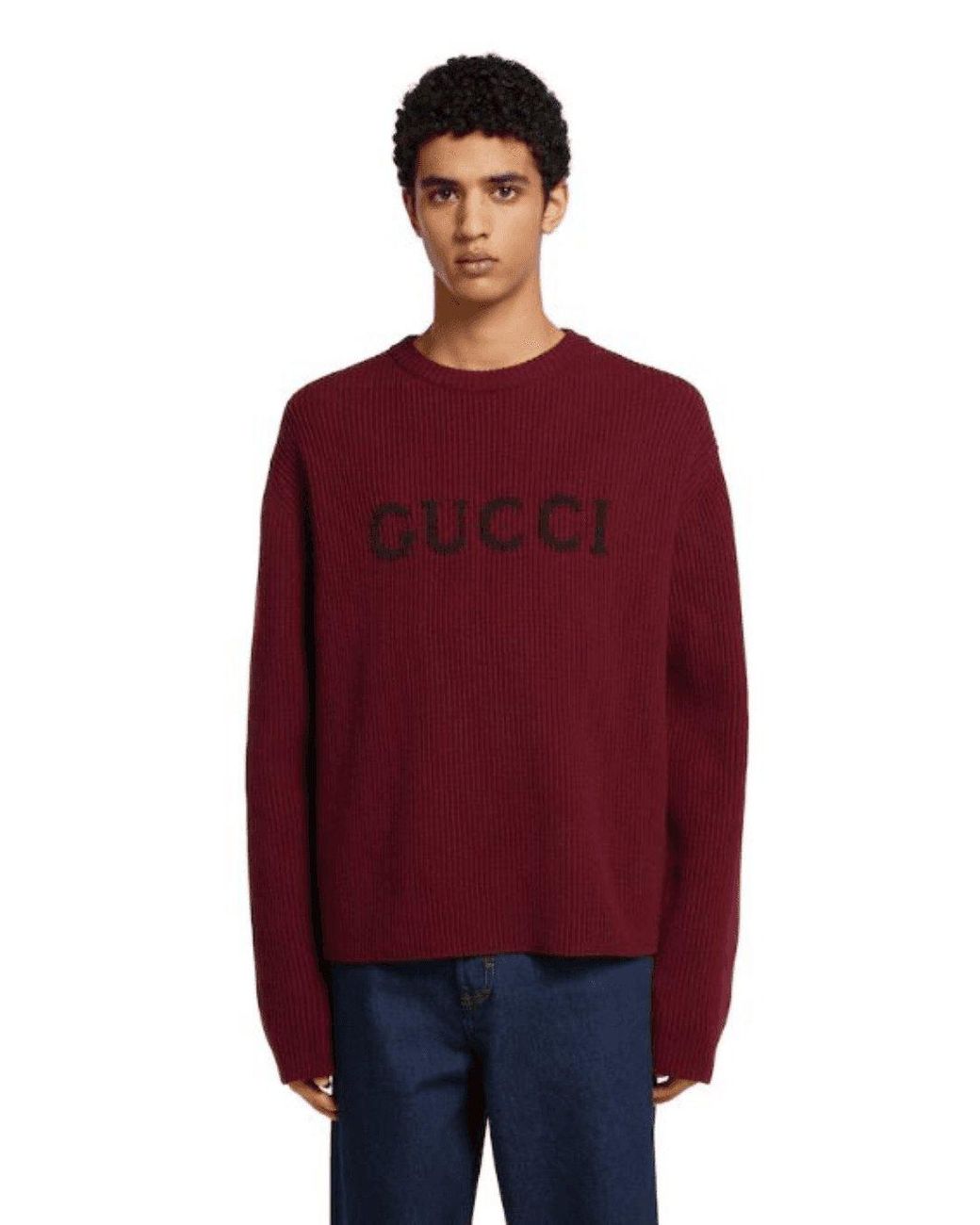 Gucci Red Bordeaux Crewneck Sweater With Logo Lettering Embroidery On The Front for men