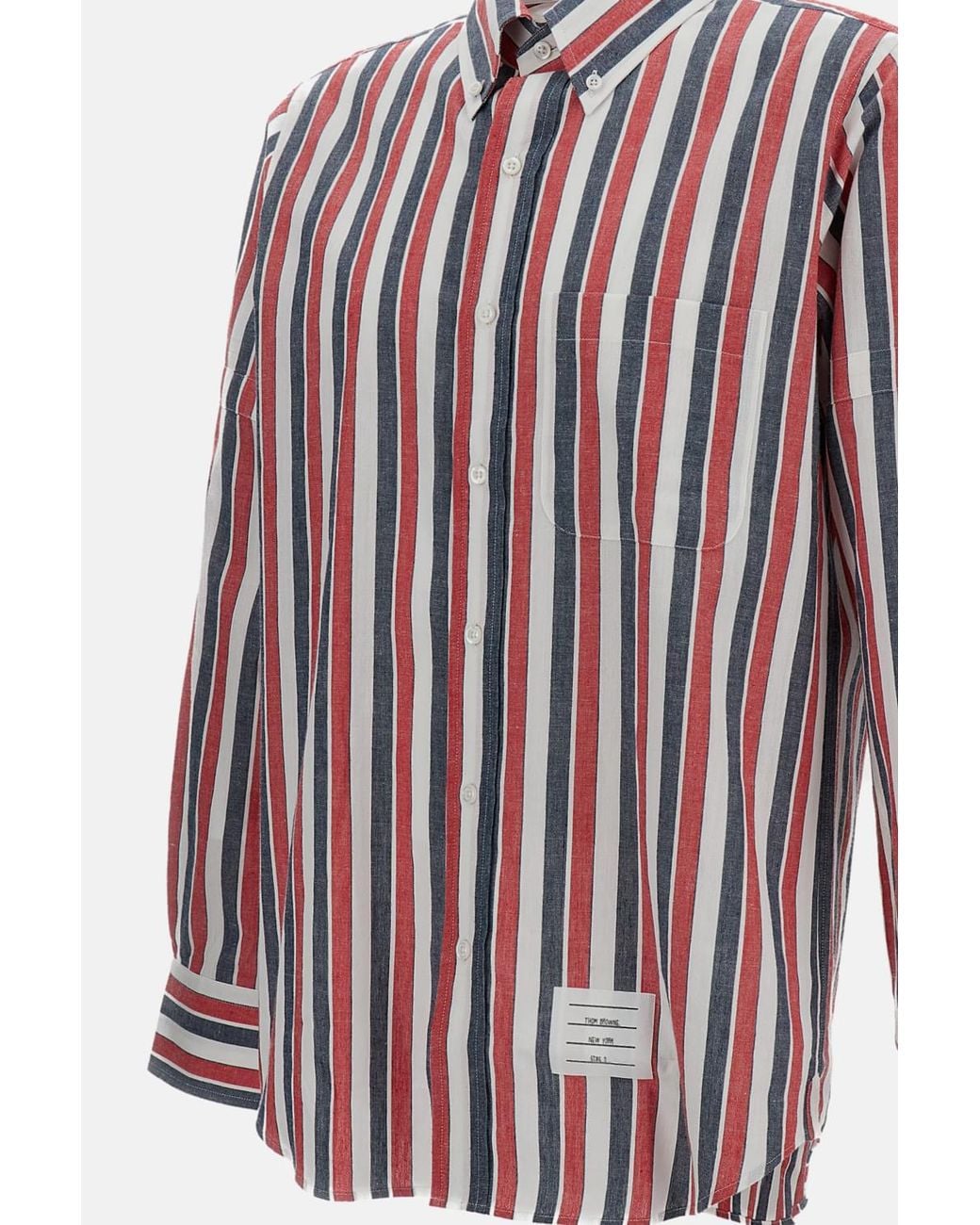 Thom Browne Red Relaxed Fit Striped Linen Shirt With Pointed Collar for men