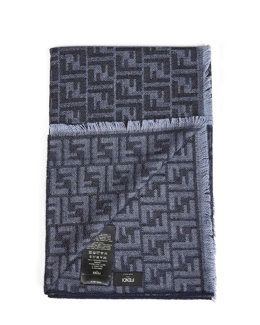 Fendi Blue Silk Denim Wool Ff Scarf for men