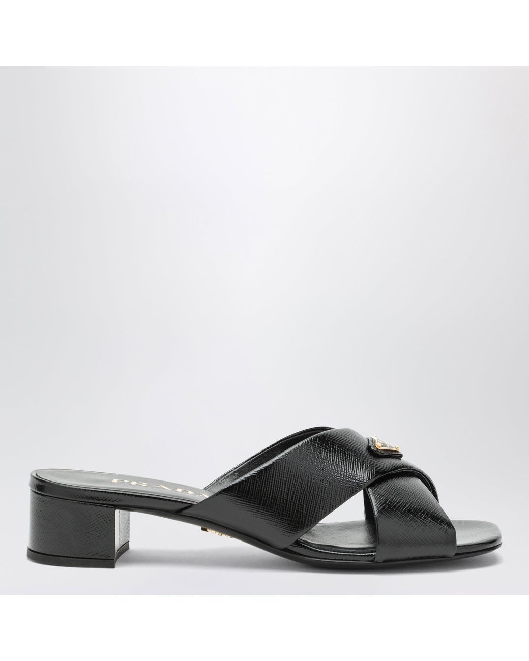 Prada Black Leather Mules With Triangular Logo