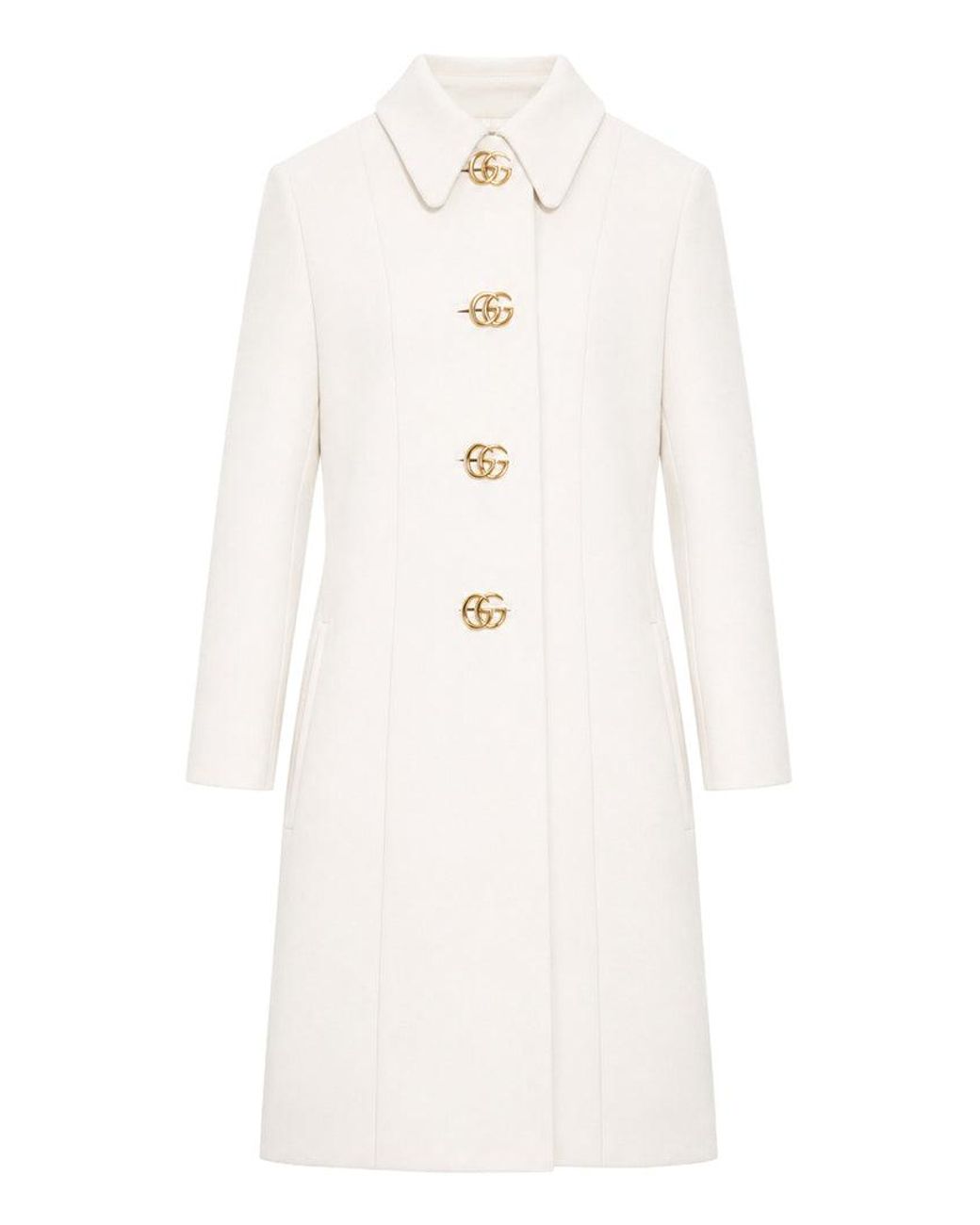 Gucci White Wool Natté Coat With Double G Button