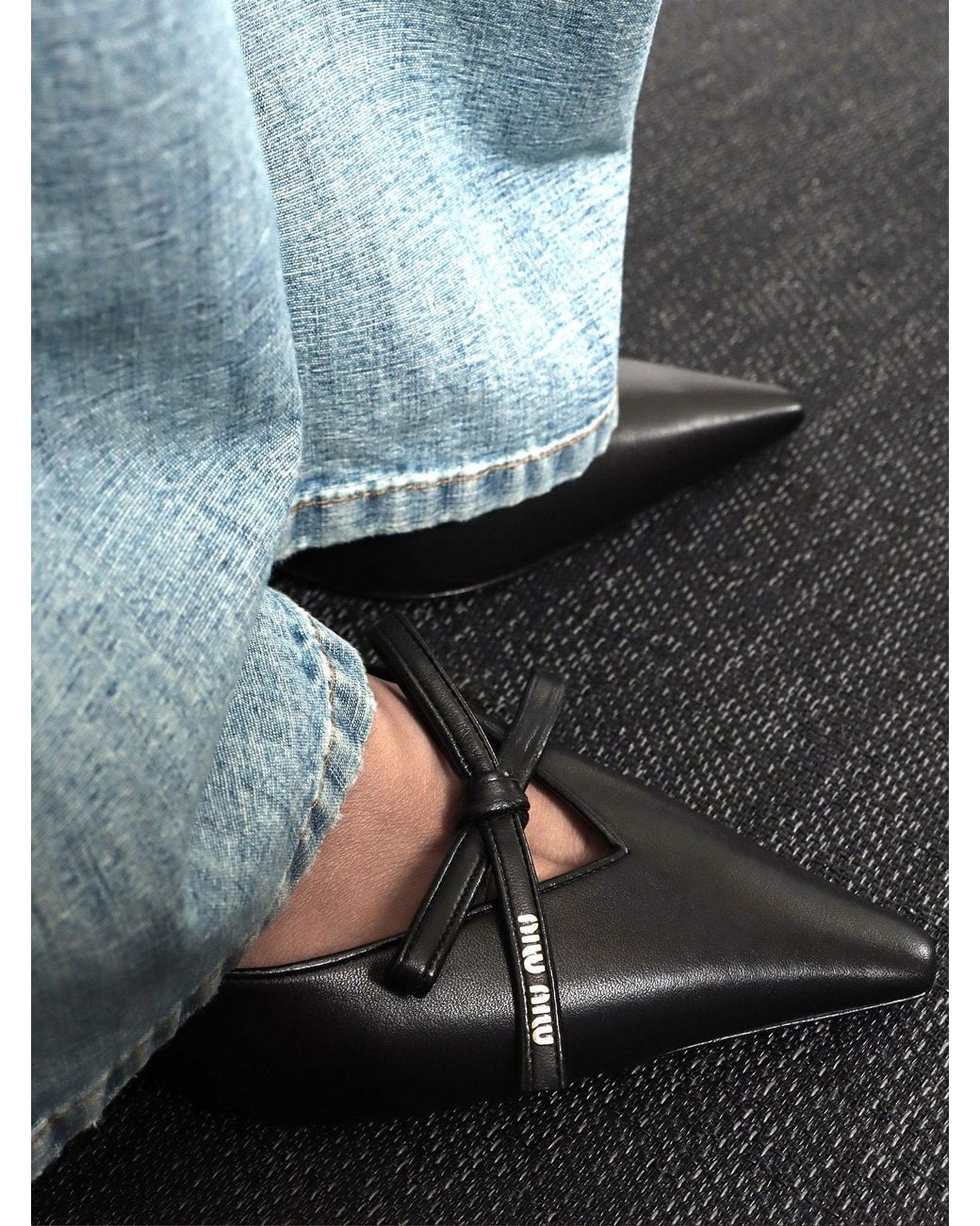 Miu Miu Black Leather Decollete With Logo Bow Detail