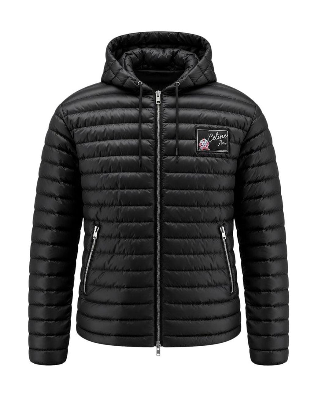 Céline Black Hooded Down Jacket With Logo Patch for men
