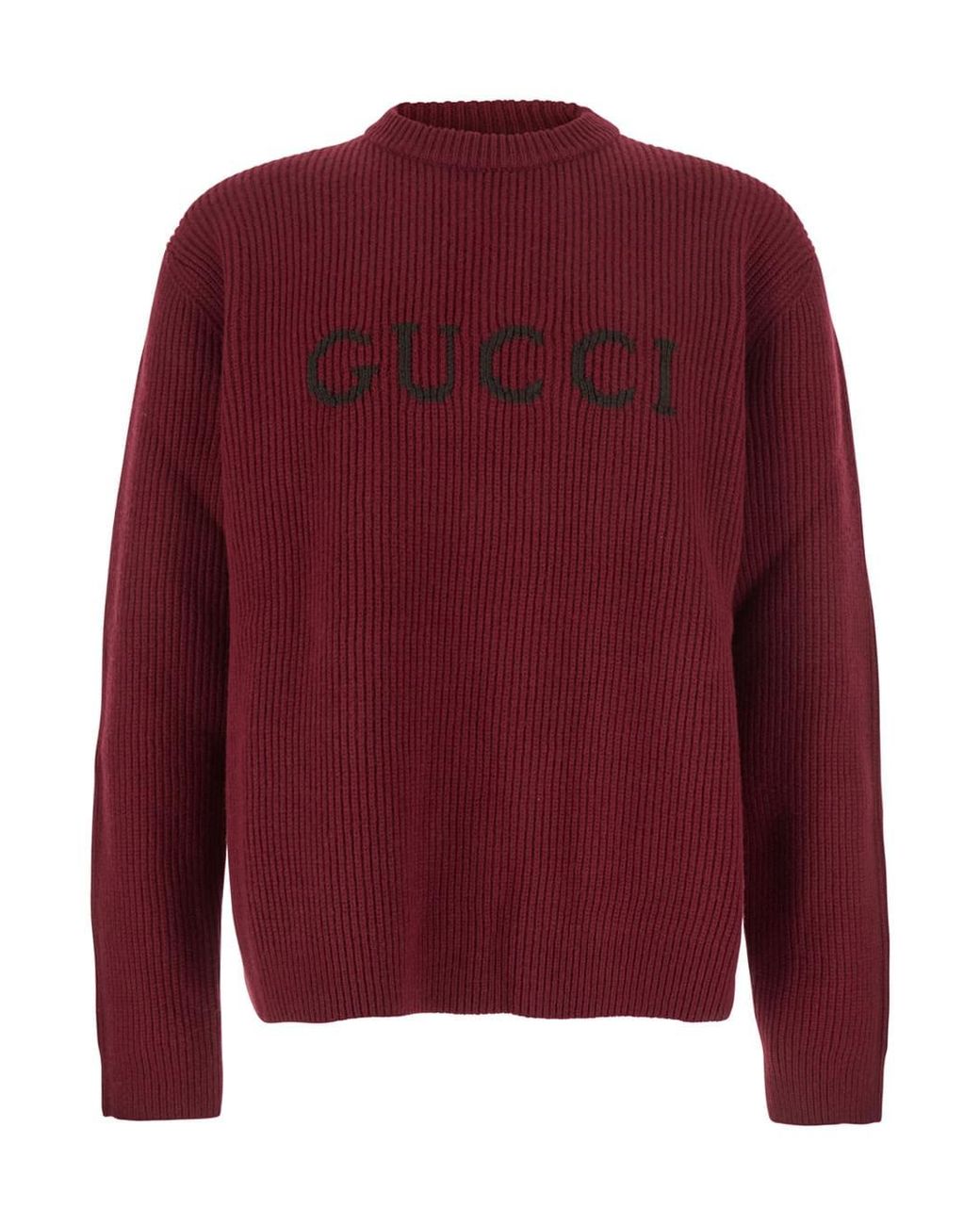 Gucci Red Bordeaux Crewneck Sweater With Logo Lettering Embroidery On The Front for men