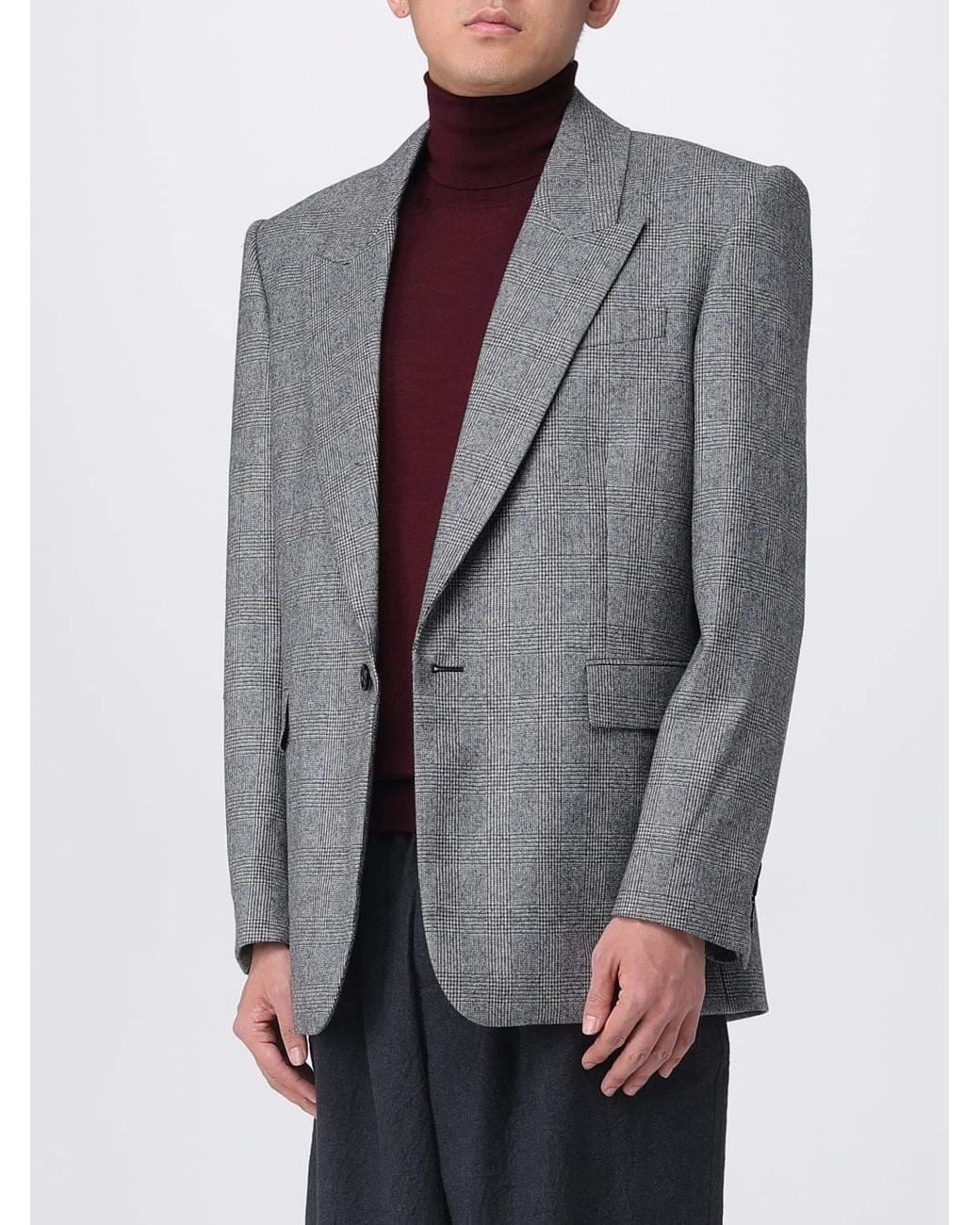 Saint Laurent Gray Prince Of Wales Wool Blazer for men