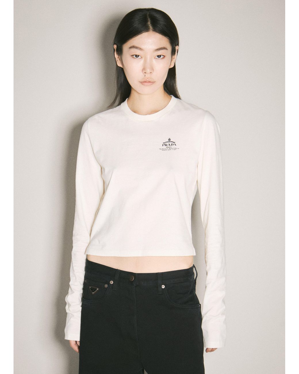Prada Logo Print Long-Sleeve T-Shirt in White | Lyst Prada Logo Print Long-Sleeve T-Shirt in White | Lyst