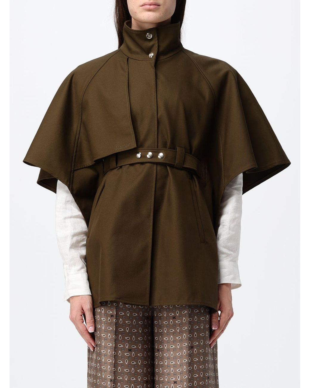 Max Mara Brown Cropped Cotton Cape With A High Neck And An Adjustable Belt