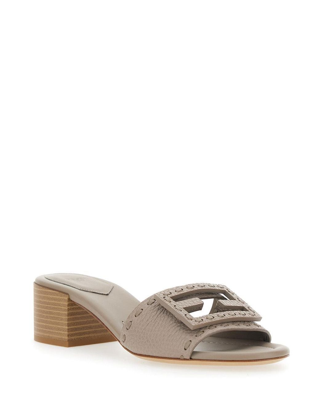 Fendi Natural Sandals With Wide Band With Ff Cut-Out And Medium Block Heel