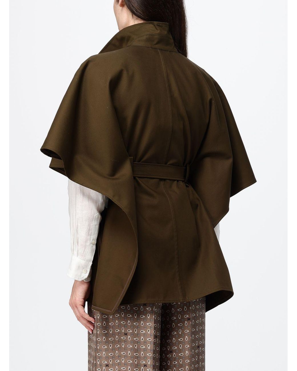 Max Mara Brown Cropped Cotton Cape With A High Neck And An Adjustable Belt