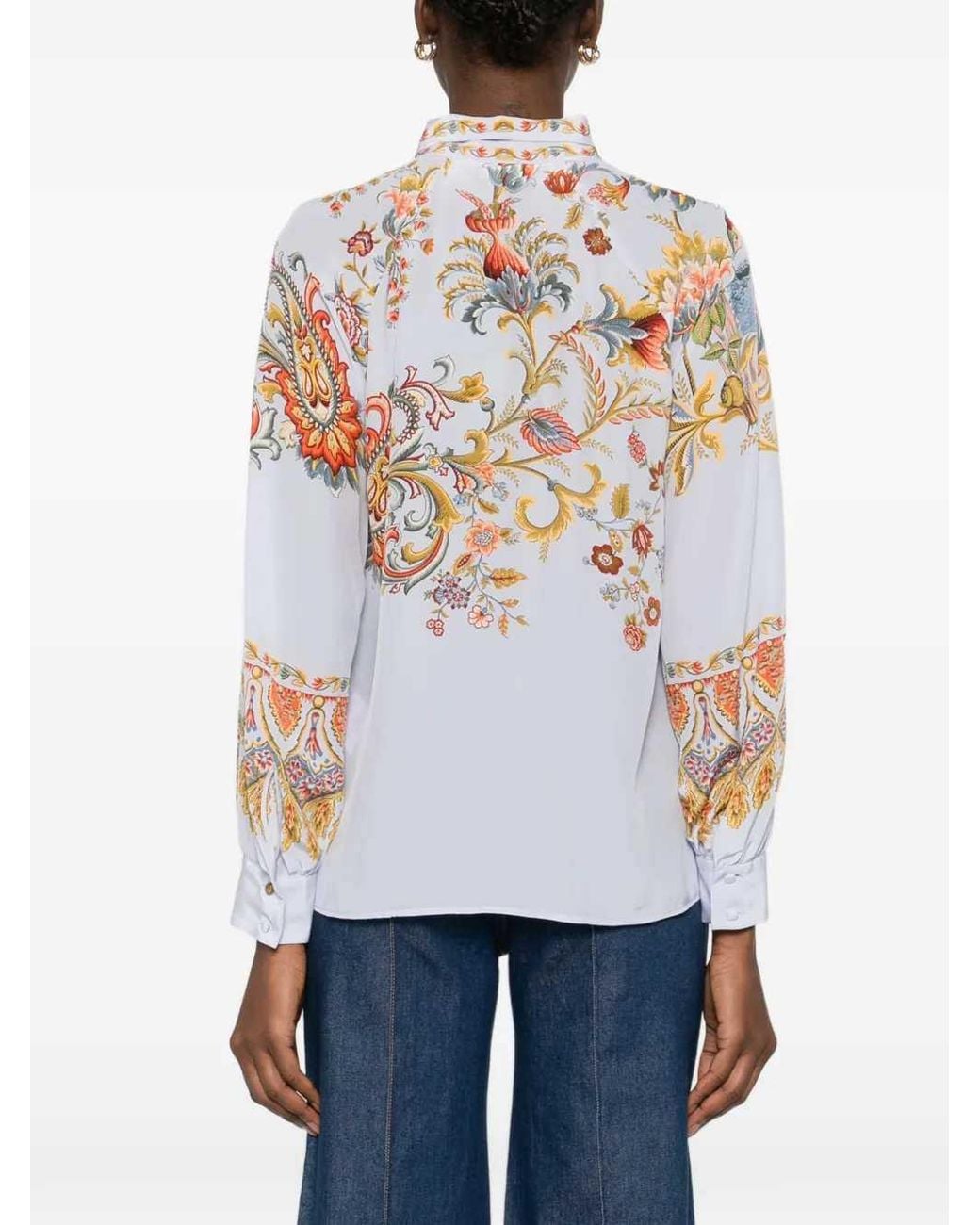 Etro White Bird Print Blouse With Tie Collar