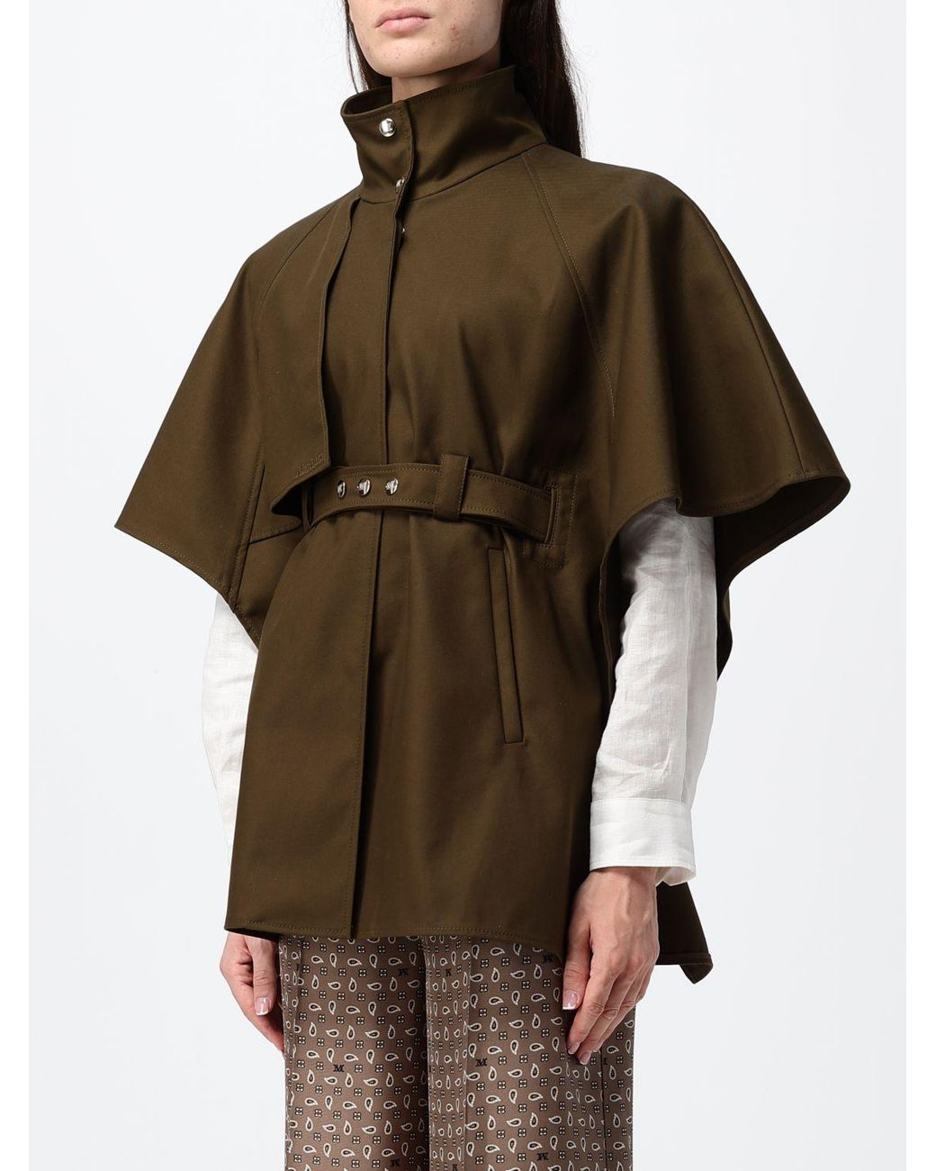 Max Mara Brown Cropped Cotton Cape With A High Neck And An Adjustable Belt