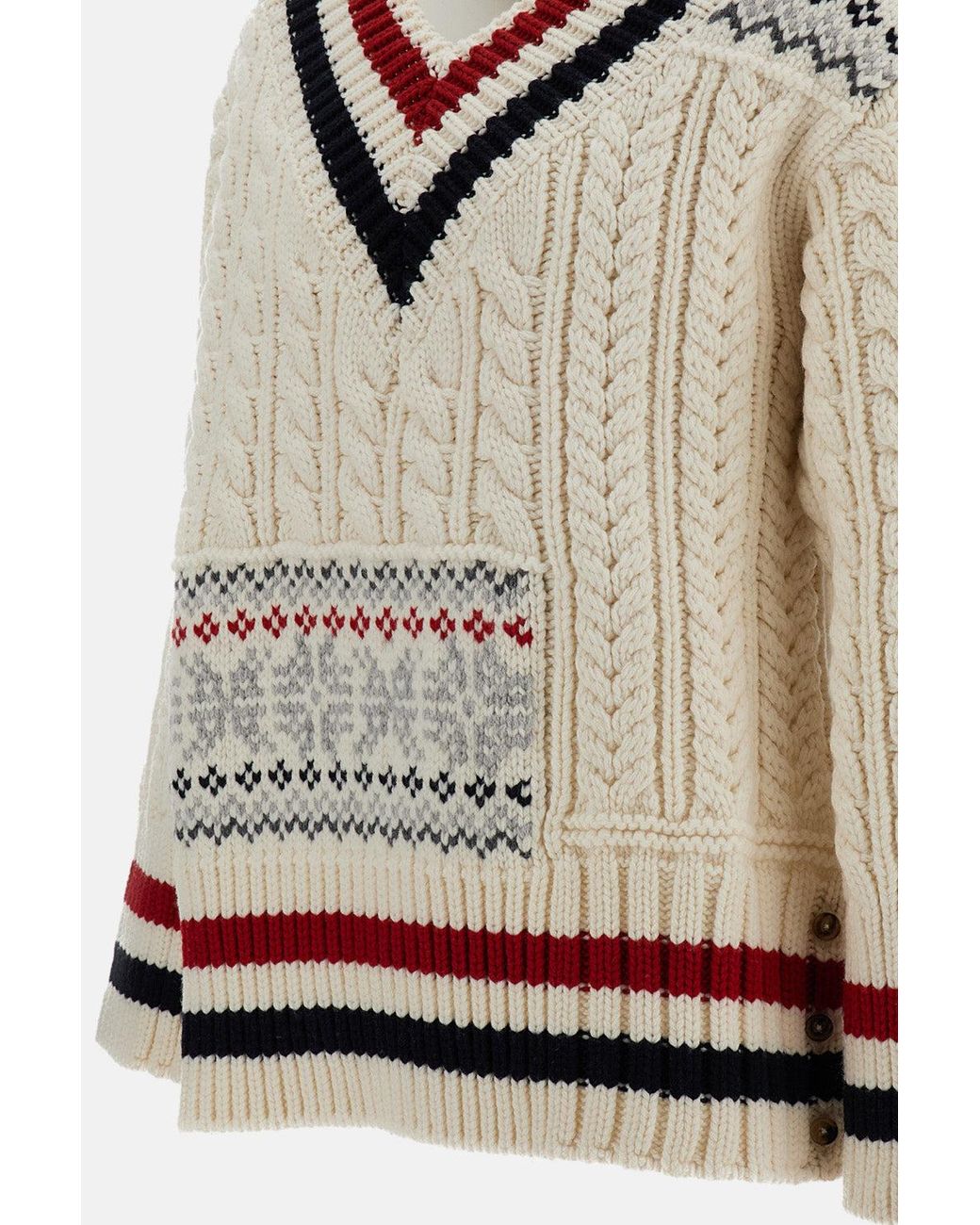 Thom Browne Multicolor Patchwork Cable Fairisle V Neck Cricket Pullover for men