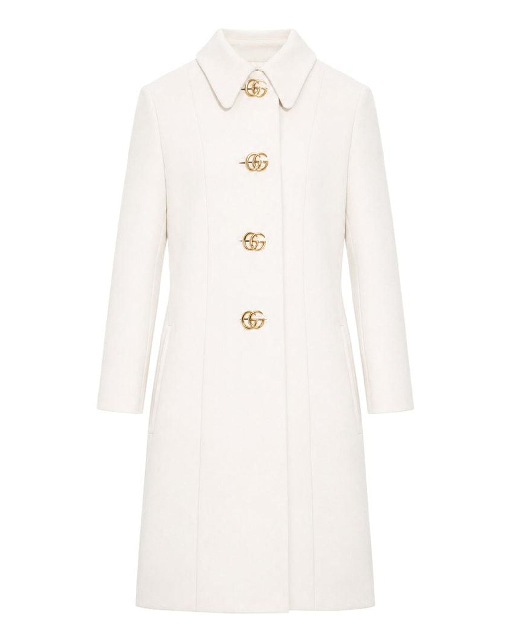 Gucci White Wool Natté Coat With Double G Button