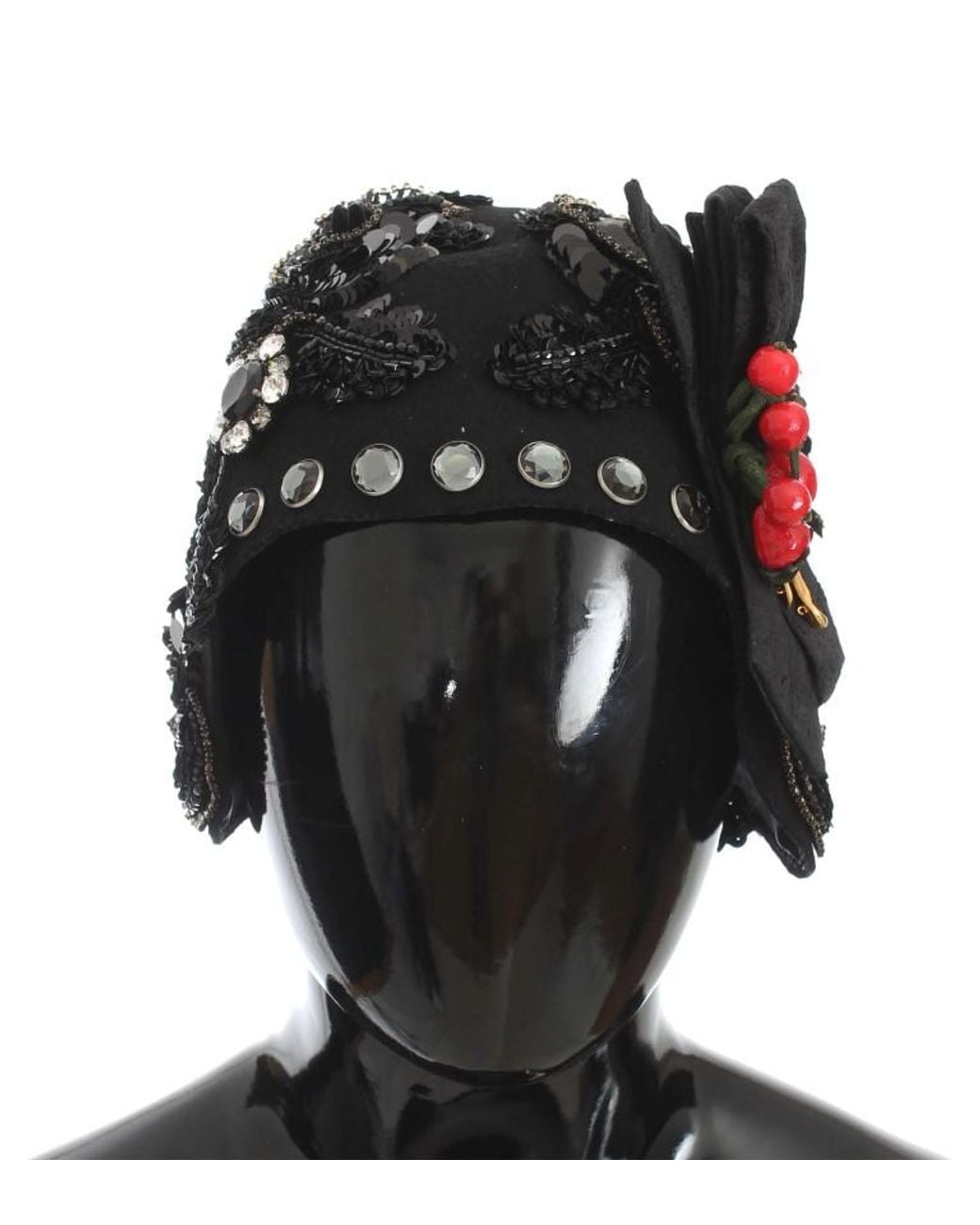 Dolce & Gabbana Black Crystal Cherries Brooch Hat