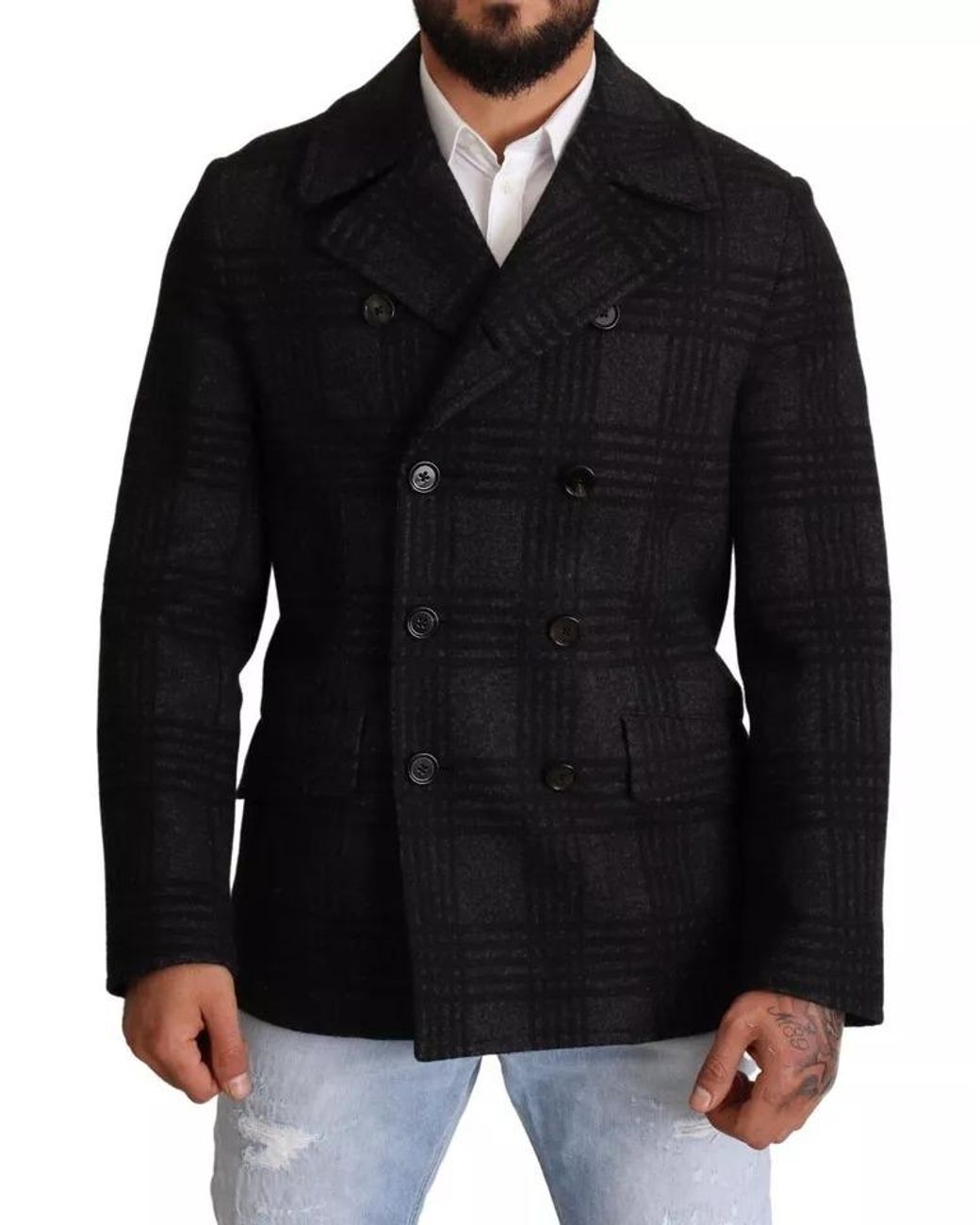 Dolce & Gabbana Black Trench Coat Check Wool Jacket for men