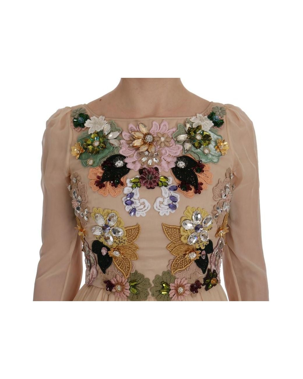 Dolce & Gabbana Natural Silk Floral Crystal Maxi Gown Dress
