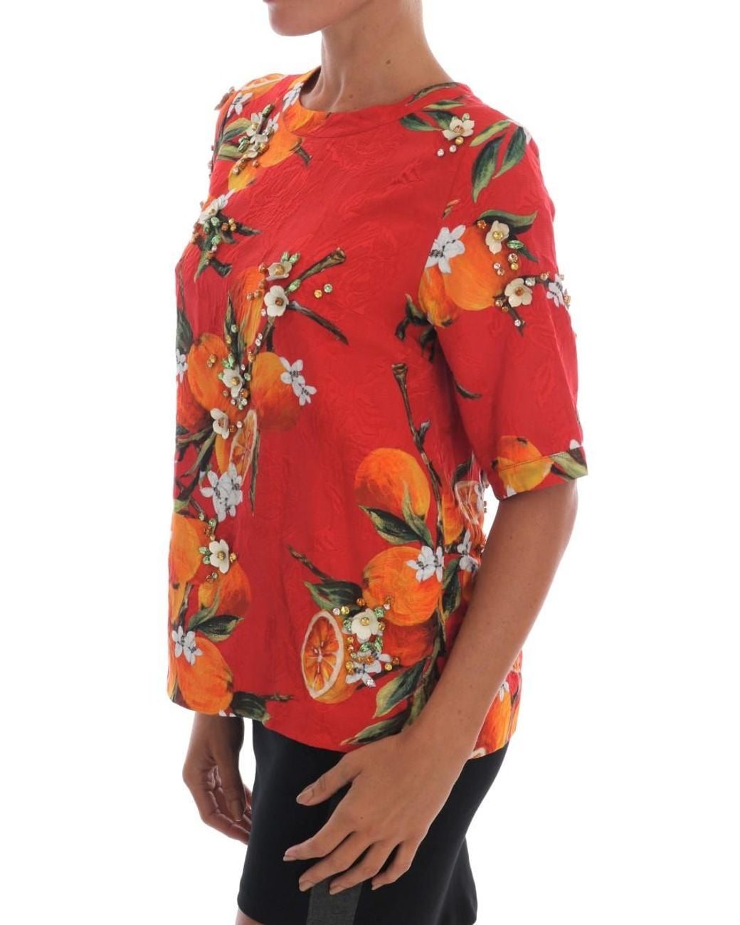 Dolce & Gabbana Red Print Crystal-Embellished Blouse