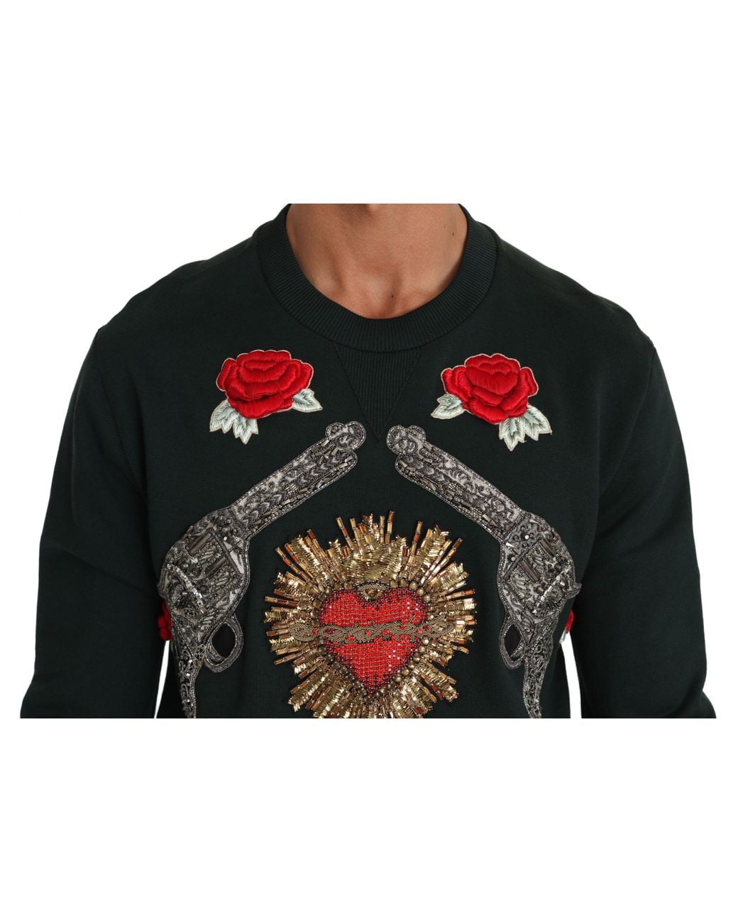 Dolce & Gabbana Black Crystal Heart Roses Gun Sweater for men