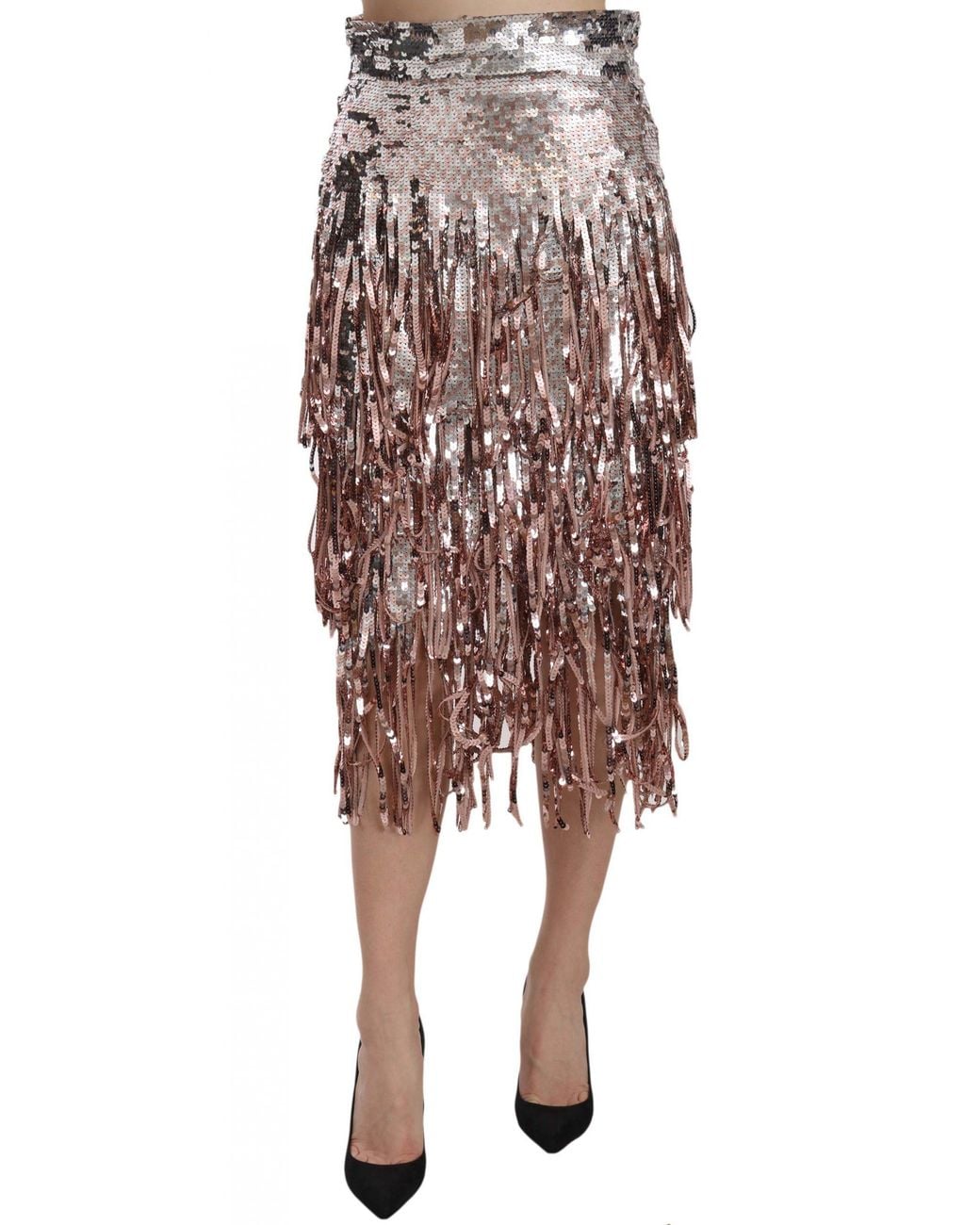 Dolce & Gabbana Metallic Sequin Embellished Fringe Midi Pencil Skirt