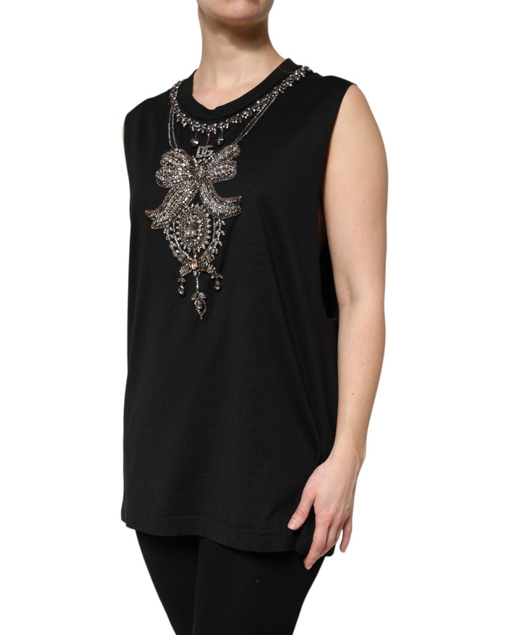 Dolce & Gabbana Black Cotton Rhinestone Embellished Tank Top