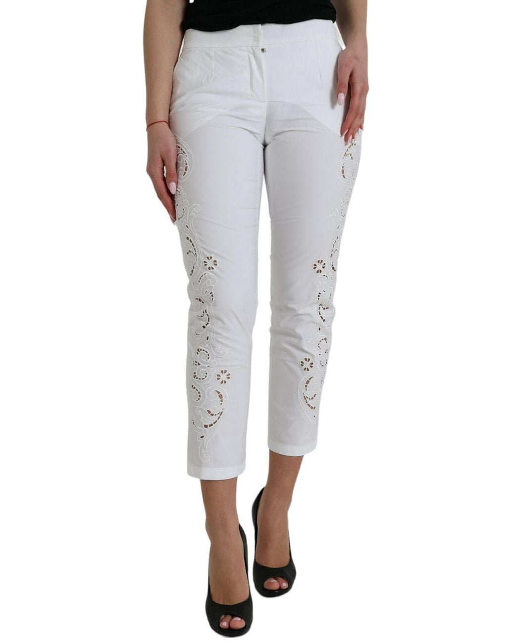 Dolce & Gabbana Gray Cut Out Cotton Mid Waist Cropped Pants