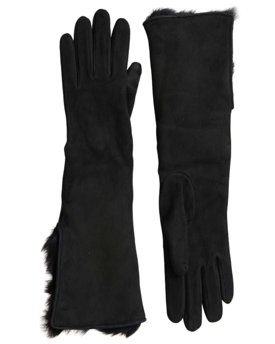 Dolce & Gabbana Black Leather Fur Elbow Length Gloves for men