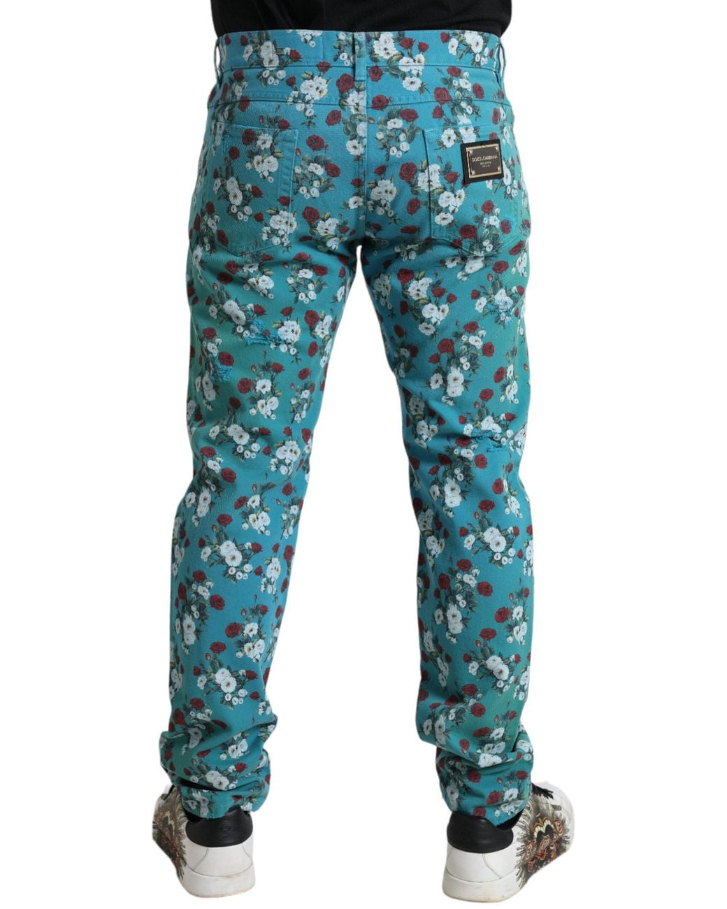 Dolce & Gabbana Blue Floral Print Skinny Cotton Denim Pants for men