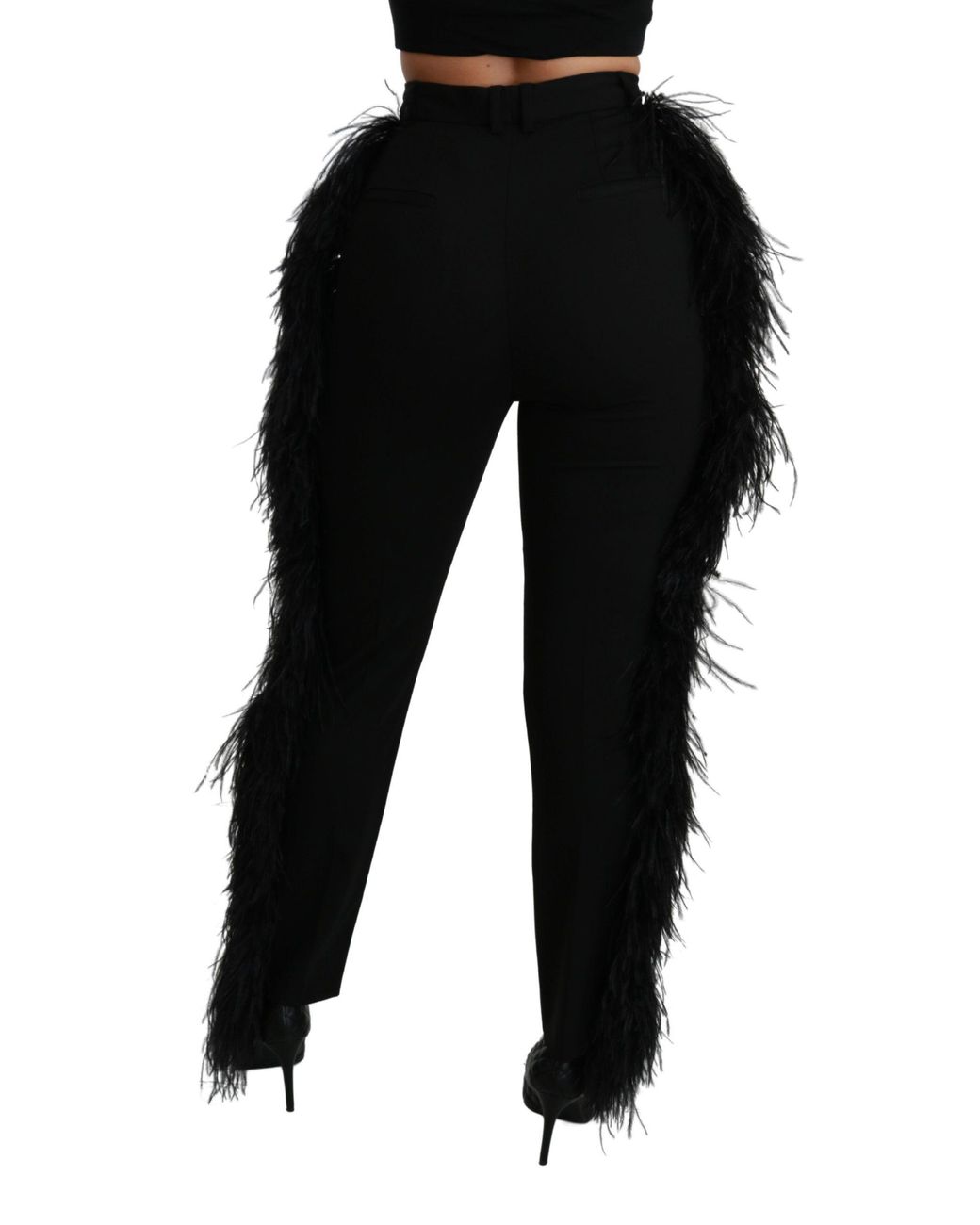 Dolce & Gabbana Black Feather Straight High Waist Wool Pants