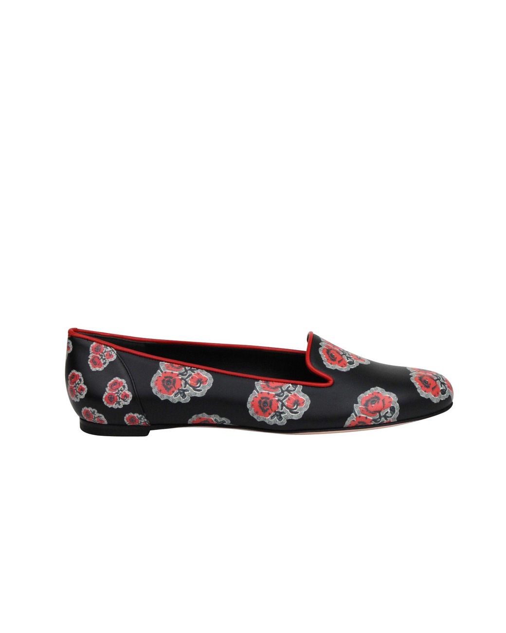 McQueen Red Rose Pattern Leather Slipper Shoes