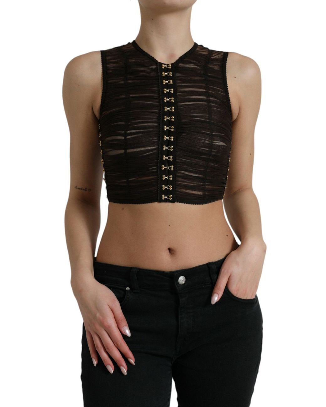 Dolce & Gabbana Black Embellished Nylon Stretch Cropped Top