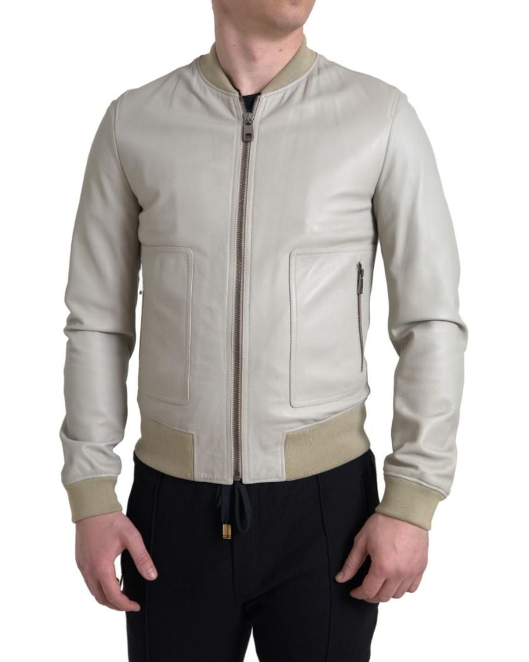 Dolce & Gabbana Gray Leather Bomber Blouson Full Zip Jacket for men