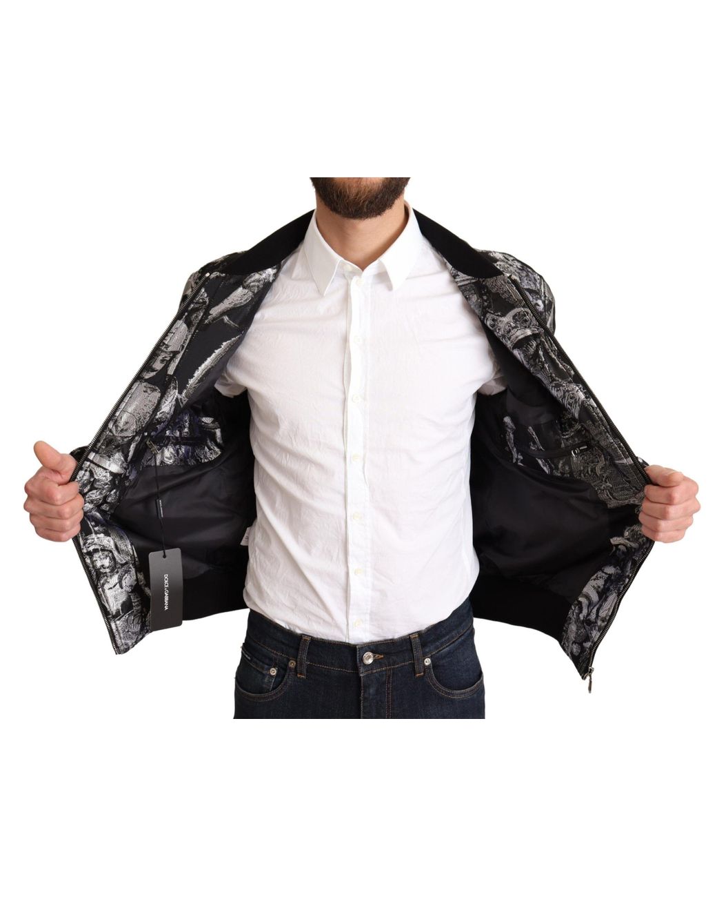 Dolce & Gabbana Black Silver Puppi Motive Bomber Jacket for men