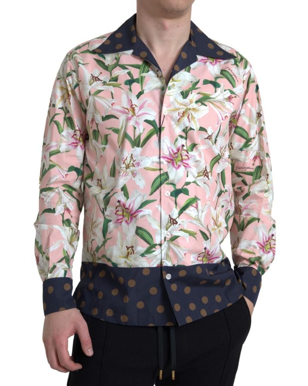Dolce & Gabbana Pink Cotton Polka Dot Lily Print Collared Shirt for men