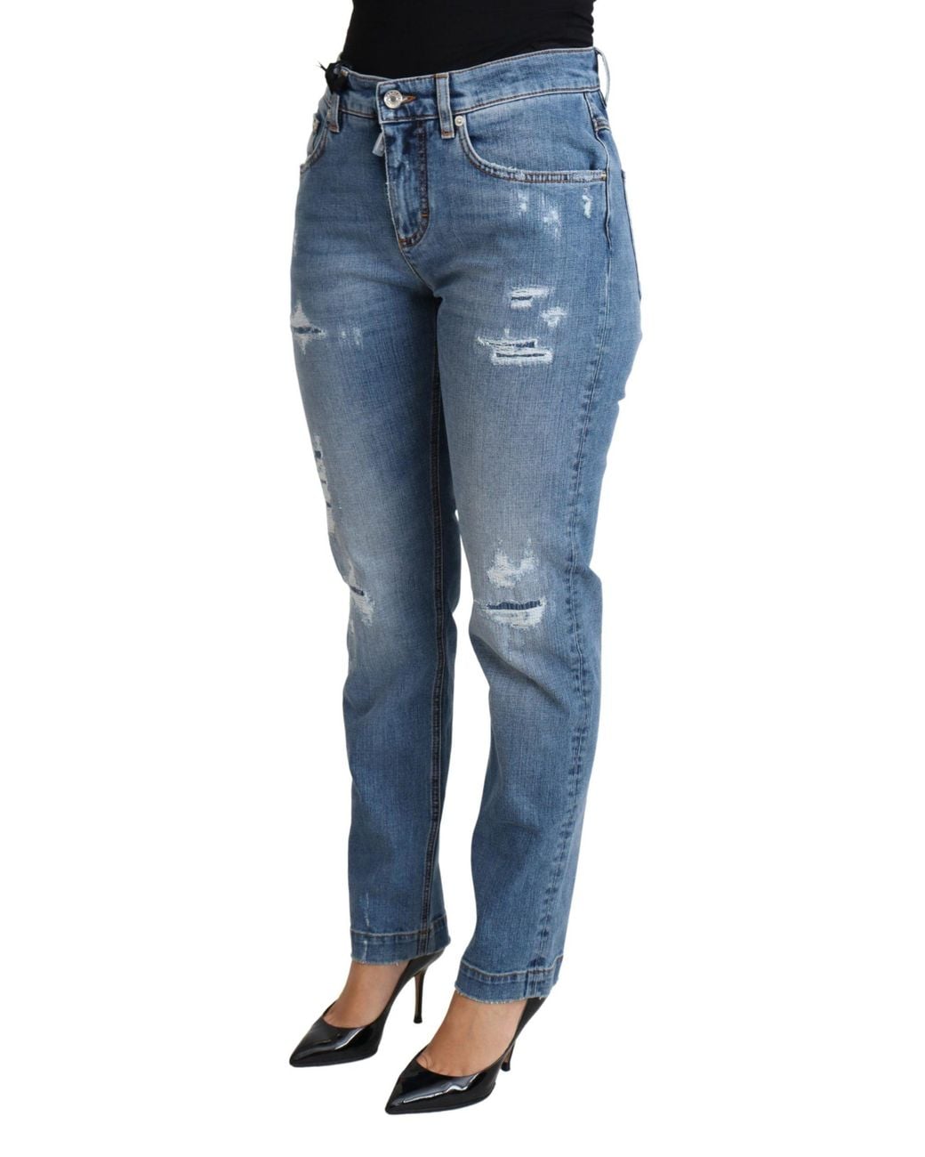 Dolce & Gabbana Blue Tattered Skinny Denim Cotton Blend Jeans