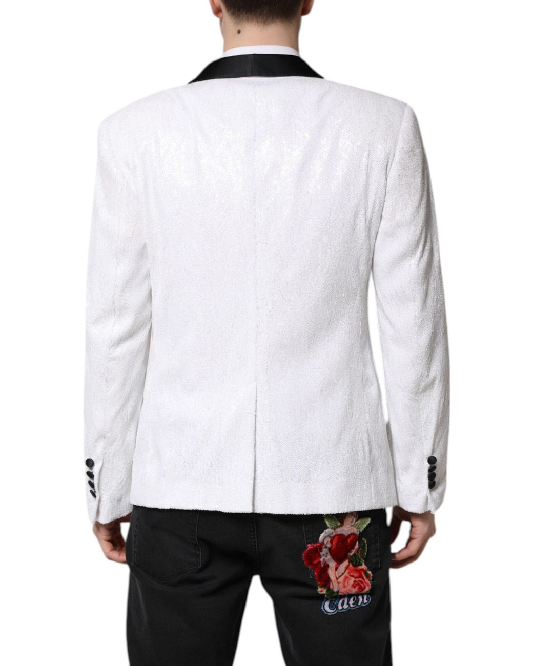Dolce & Gabbana White Textured Shawl Collar Blazer for men