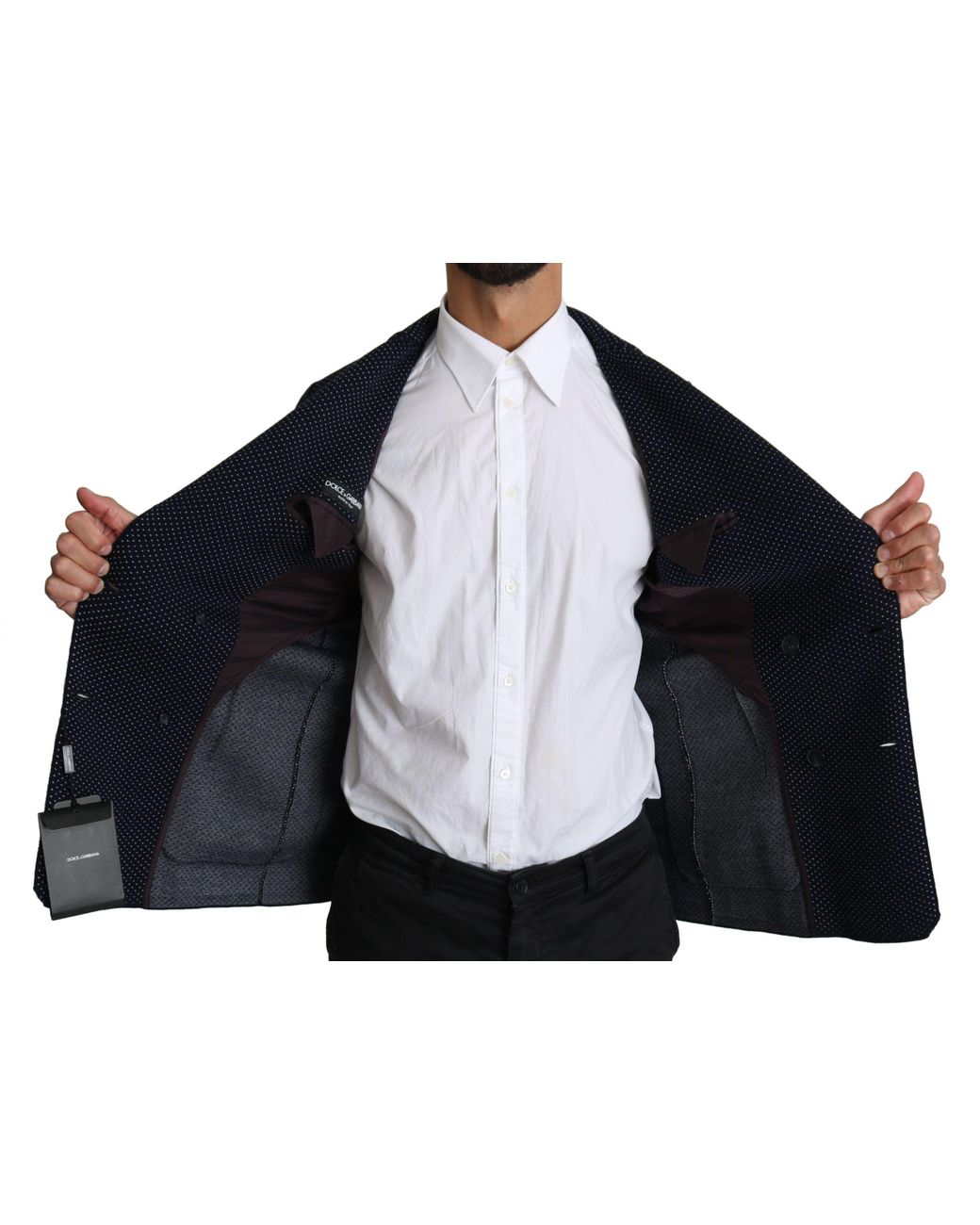 Dolce & Gabbana Blue Dark Dotted Double Breasted Coat Blazer for men