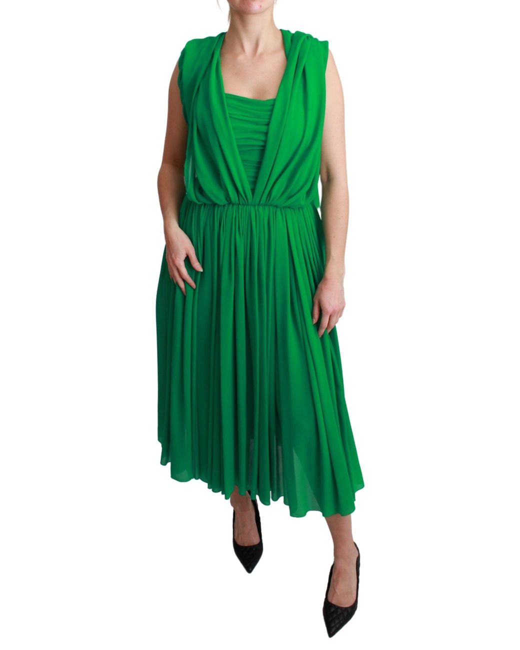 Dolce & Gabbana Green 100% Silk Sleeveless Pleated Maxi Dress