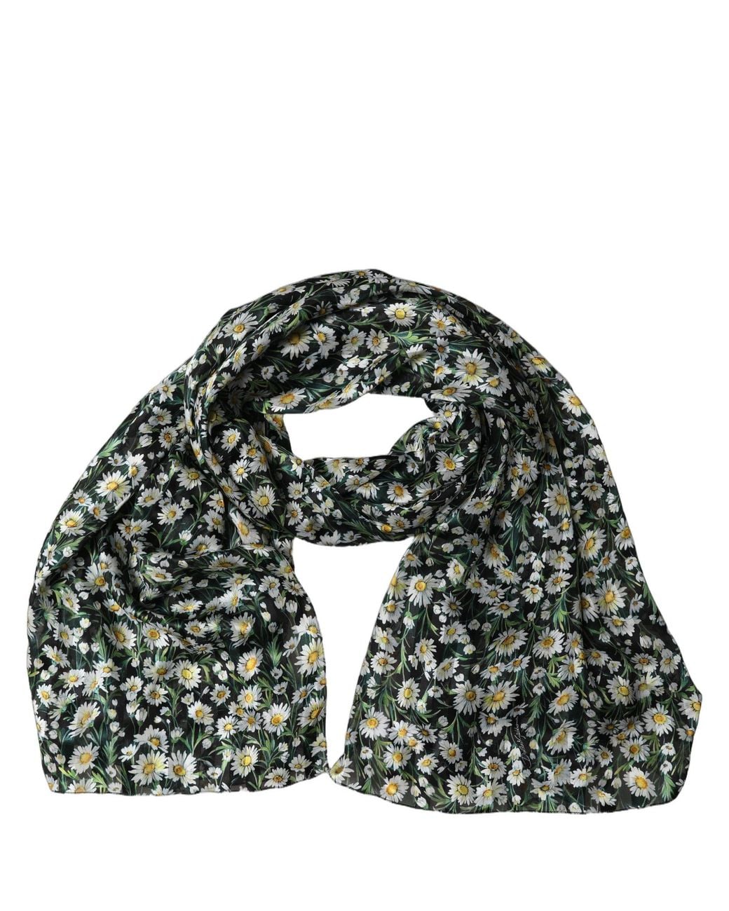 Dolce & Gabbana Green Silk Daisy Chiffon Long Stole Scarf